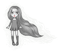 pixel doll of a girl, in greyscale except for red lips, melancholy expression with big round eyes, long flowing mid-tone hair with white bangs, wearing a plain long-sleeve dress with a square neckline and skater skirt, knee-high lace-up boots, a ghostly aura swirls arounds her messily